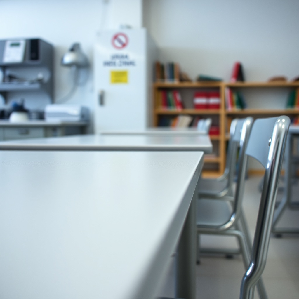 Mobilier scolaire lycée Maroc : pupitre de laboratoire robuste avec cadre métallique et plateau stratifié, conçu pour la durabilité et la sécurité des élèves.