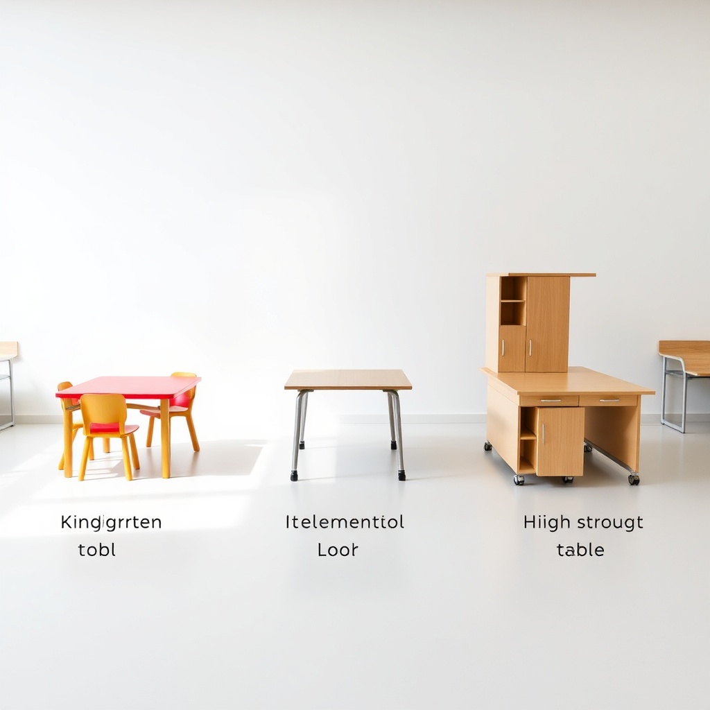 Comparaison visuelle de tables scolaires par niveau, de la maternelle au lycée, pour guider le choix de tables scolaires adaptées à chaque tranche d'âge
