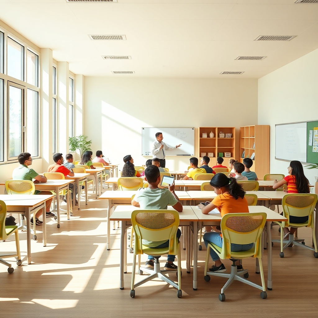Mobilier scolaire moderne et ergonomique dans une salle de classe marocaine, favorisant le confort et la pédagogie active, symbole de l'évolution du mobilier scolaire au Maroc.