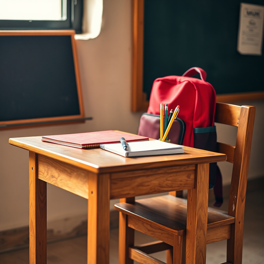 Mobilier scolaire Maroc : table et chaise d'écolier en bois avec fournitures scolaires essentielles pour les élèves