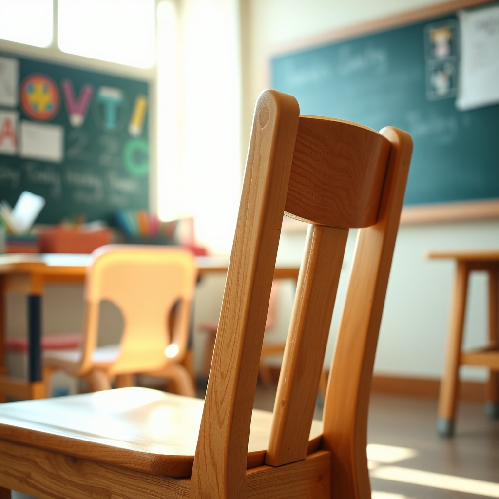 Chaise scolaire en bois avec une chaise en plastique en arrière-plan, illustrant le choix entre mobilier scolaire en bois et en plastique
