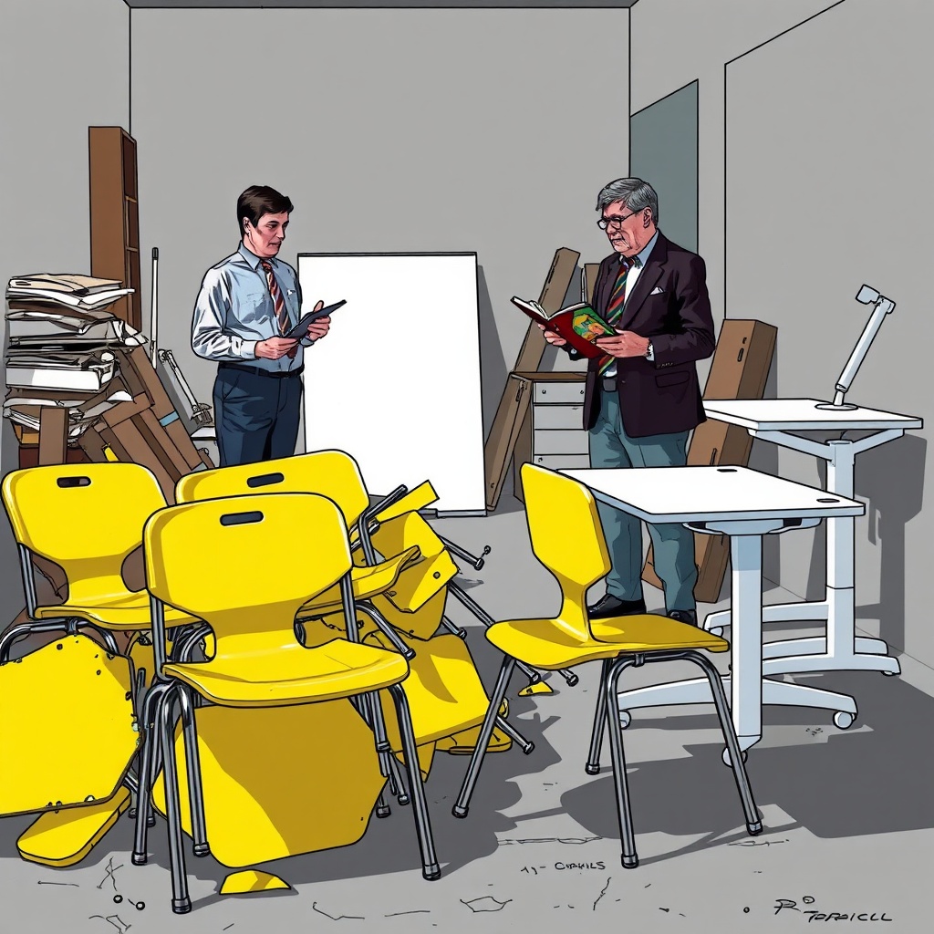 Erreurs achat mobilier scolaire: tas de chaises cassées et tables endommagées après un achat bas de gamme, face à un mobilier de qualité ignoré, illustrant le coût total de possession et le manque d'adaptabilité