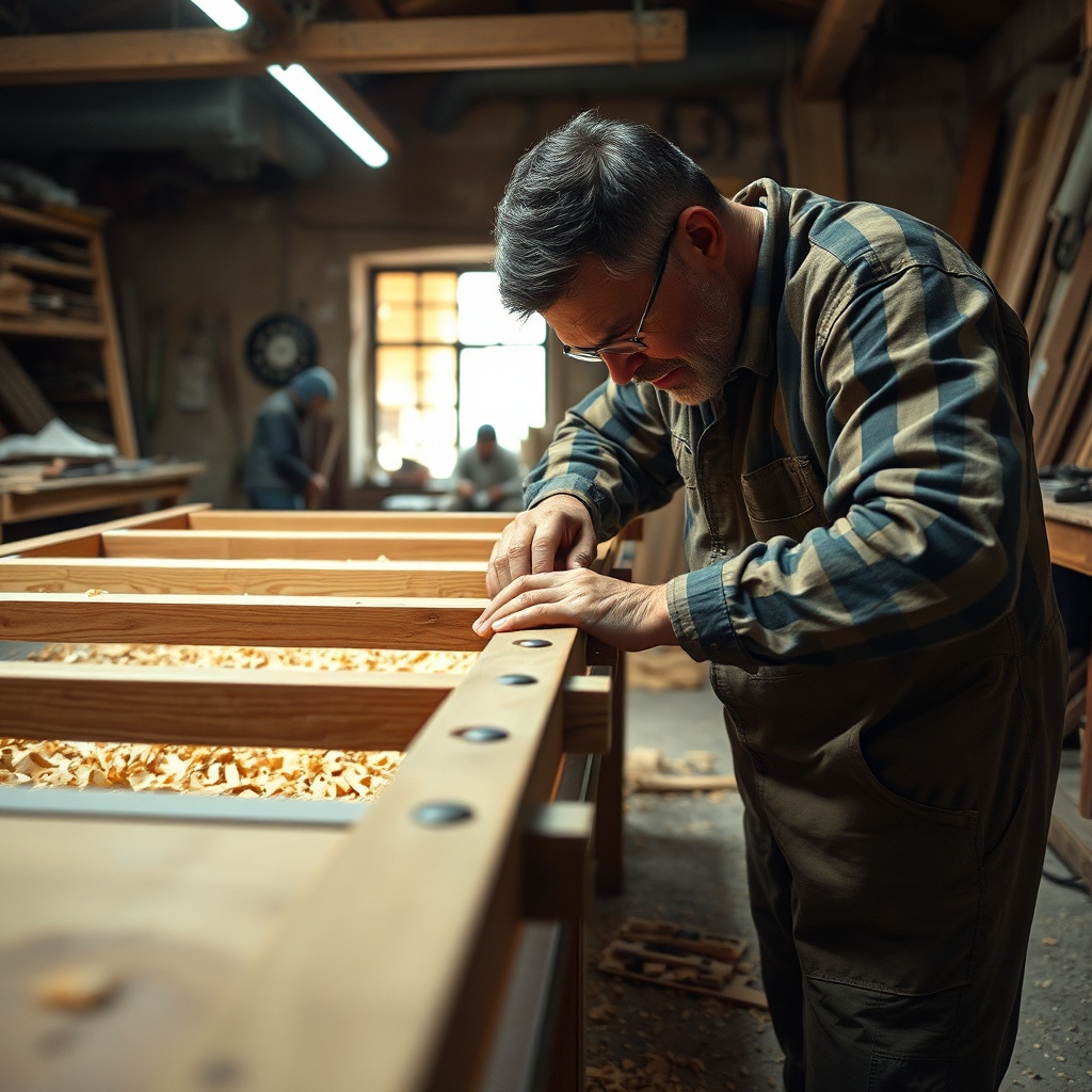 Fabrication artisanale de tables scolaires maroc en bois dans un atelier au Maroc, montrant la qualité des matériaux du mobilier scolaire marocain.