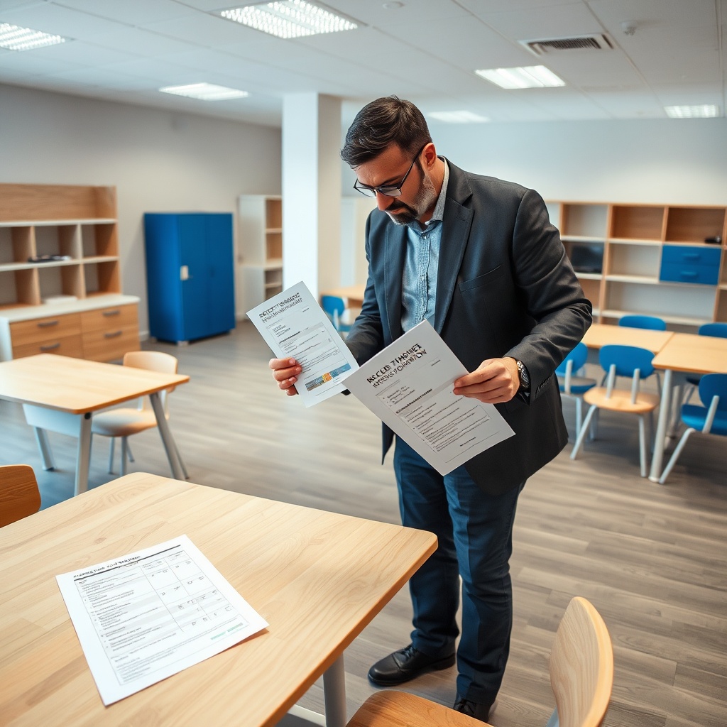 Inspection d'un échantillon de mobilier scolaire au Maroc : un responsable vérifie la qualité et les certifications avec un fournisseur pour éviter les erreurs à éviter achat mobilier scolaire maroc, notamment en matière de normes de sécurité et d'ergonomie.