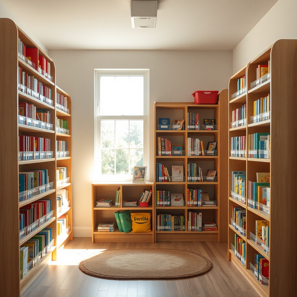 Étagères basses en bois avec bacs de rangement pour matériel pédagogique, mobilier de rangement pour écoles adapté aux enfants