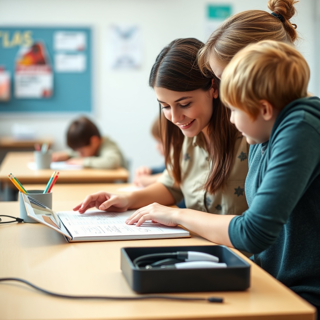 Enseignante souriante assise à son bureau enseignant école primaire, aidant un élève à faire son exercice, avec un tableau et des élèves en arrière-plan.