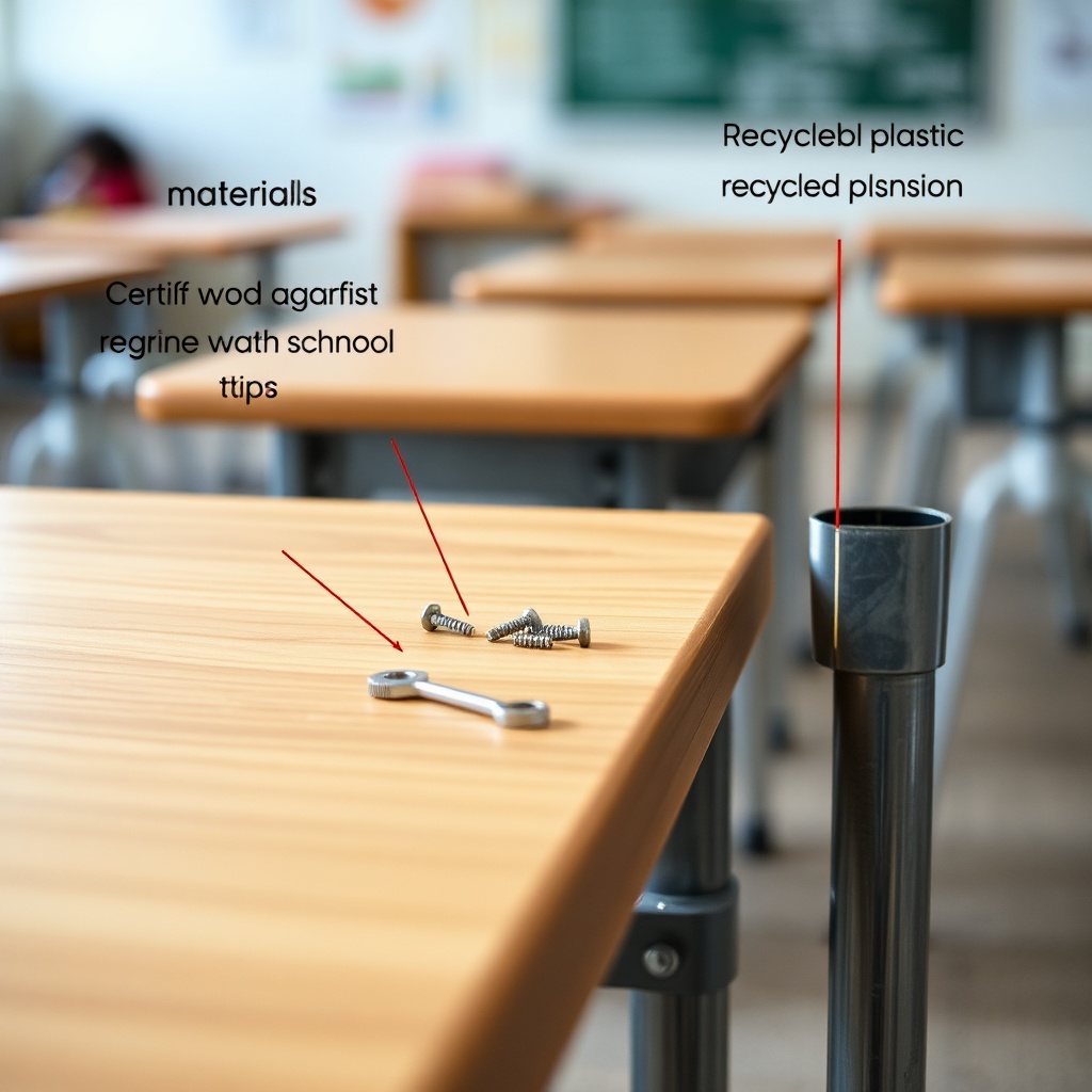 Détail d'une table scolaire durable avec matériaux recyclés et kit de réparation, mettant en avant la réparabilité et la longévité du mobilier scolaire.