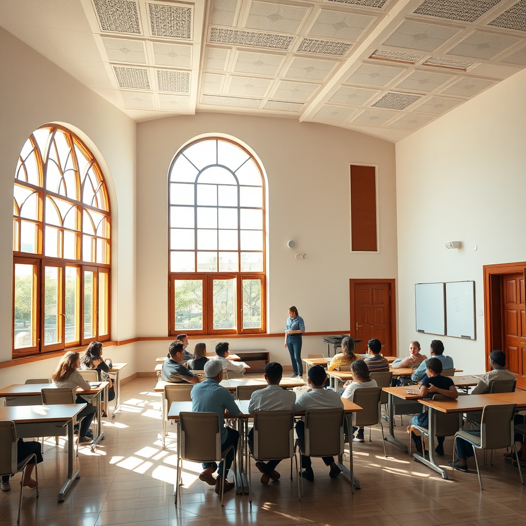 Aménagement salle de classe Rabat : salle lumineuse avec mobilier ergonomique et disposition en U, pensée pour le confort et les échanges pédagogiques.