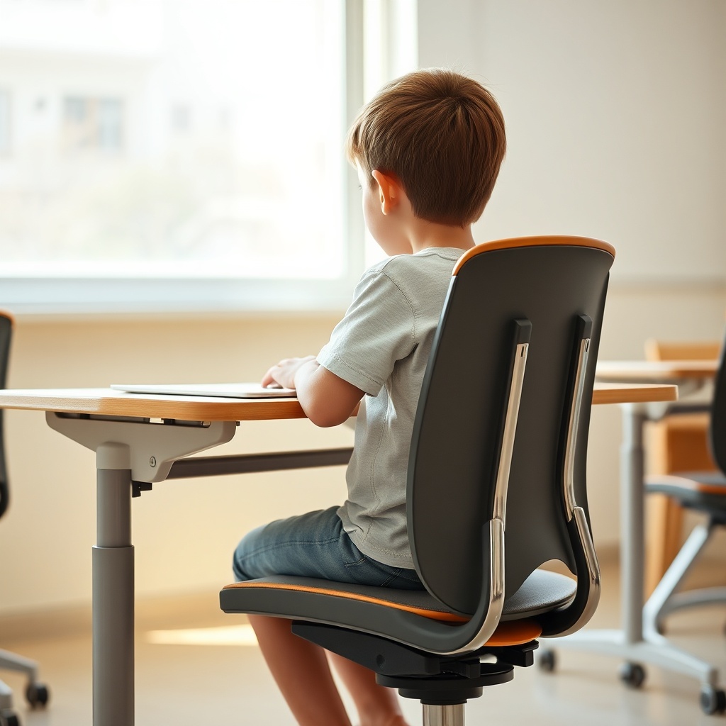 Élève assis avec une posture correcte sur une chaise ergonomique, démontrant l'importance du mobilier scolaire pour la santé physique et le confort.